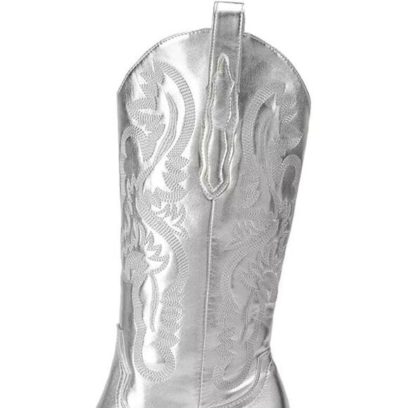 Women's Embroidered Western Cowboy Boots Mid Tube Pointed Toe Chunky Heel Shiny - Picture 3 of 6